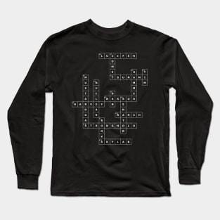 (1977LH-D) Crossword pattern with words from a famous 1977 science fiction book. [Dark Background] Long Sleeve T-Shirt